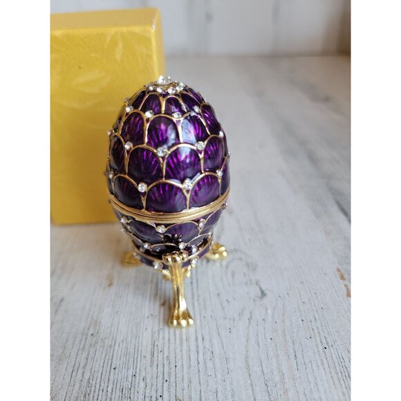 Miniature purple egg trinket box enameled hinge Easter home decor - Picture 2 of 7